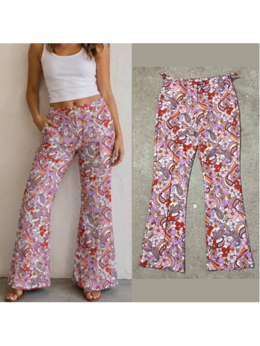 Seven Wonders Floral Paisley Flare Pants Women’s 8 Pink Purple Retro Wide Leg